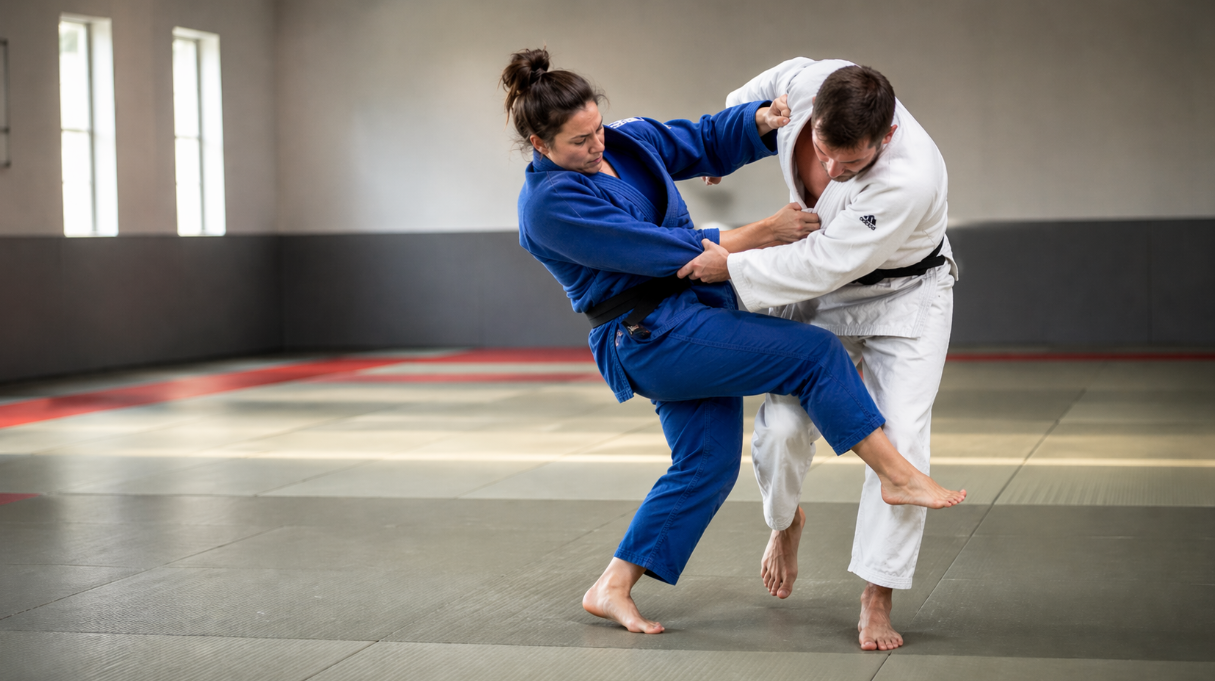 Male and female judoka training