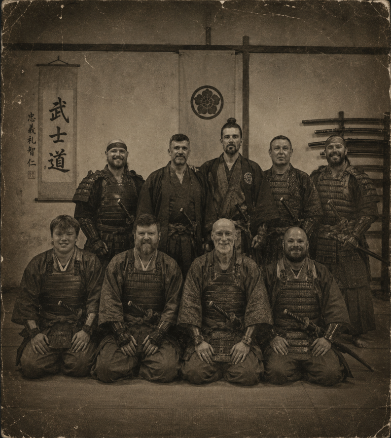 Stylised samurai-inspired group image of Linlithgow Judo Club members